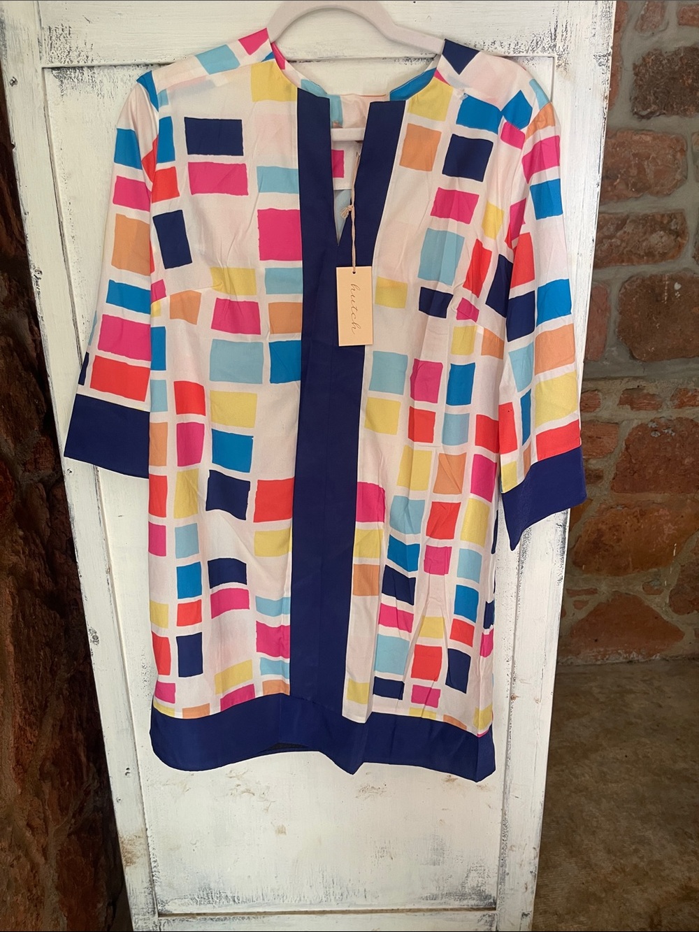 Hutch for Anthropologie Colorblock Geometric Tunic dress with Navy Trim